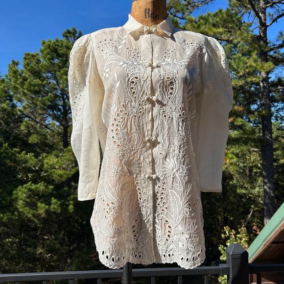 Vintage 70s Sheer Puff Sleeve Scalloped Eyelet Organza Blouse Edwardian Coquette - Picture 2 of 8